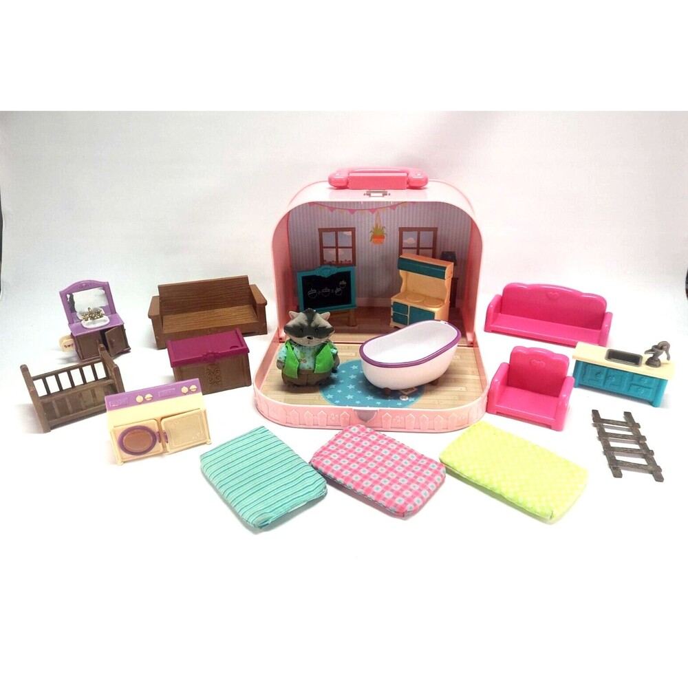 Lil Woodzeez Racoon figure Playset Lot Carry Case Furniture Flocked doll